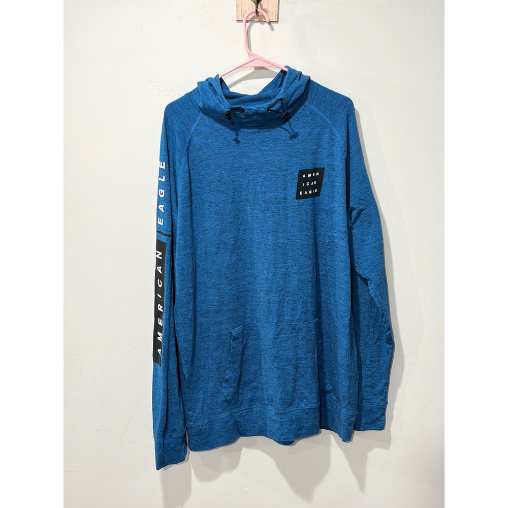 American Eagle Mens XLT Blue Heathered Long Sleeve Hooded Graphic T-Shirt Tall